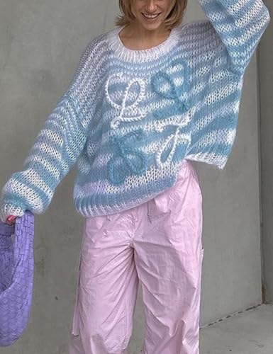 Perbai Womens Oversized Rainbow Sweater Casual Crewneck Batwing Long Sleeve Striped Loose Knit Jumper Top2