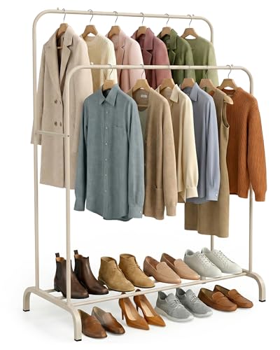 unycos - Burro de Ropa, Perchero con Doble Barra | 110x54x(130 y 148) cm | Colgador de Hierro Robusto con Soporte para Zapatos, Organizador de Dormitorio, Vestidor, Montaje Fácil (Beige Tapioca)