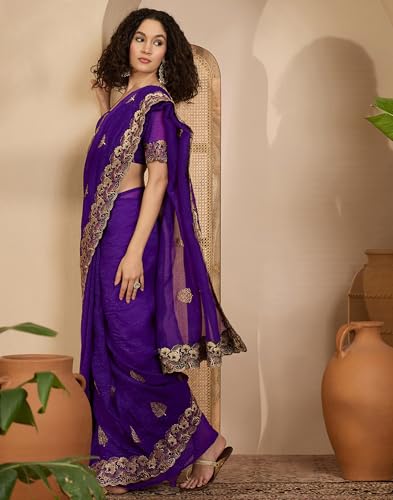 Image of SIRIL Women's Shimmer Chiffon Sequence Embroidery Saree With Unstitched Blouse Piece for Wedding and Parties