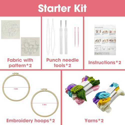Image of AEDNX 2 Sets Punch Needle Kit Adults Beginner Flower Embroidery Kit,Hand Embroidery Kit Include Embroidery Hoops and Yarns and Needles and Instructions