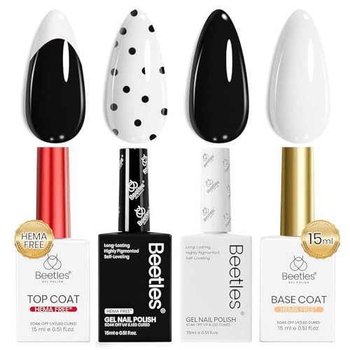 Beetles French Tip Gel Polish - Ink Snow Twins with Base Coat Top Coat 2 Colors HEMA-Free Black & White Gel Nail Polish Set Soak Off UV LED French Nail Kit Summer Nails for Beginner & Professional