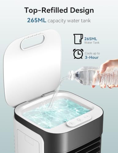 Image of Portable Air Conditioners, 3-IN-1 Mini Evaporative Air Cooler | Top-fill Tank, 3Speeds&3 Modes, 7H Cooling, 100 Oscillation, 7 Color Lights, Type-C Powered, Whisper-Quiet for Bedroom, Desk