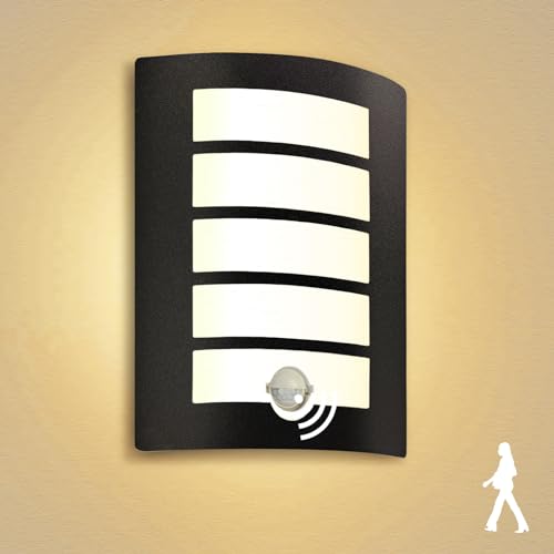 Allesgute Buitenlamp met bewegingsmelder, E27, wandlamp, IP44, rechthoekig, zwart, mat, roestvrij staal, ABS-wandlamp voor buiten, voor huismuur, balkon, incl. 1 x 12 W, 1200 lm, warm wit