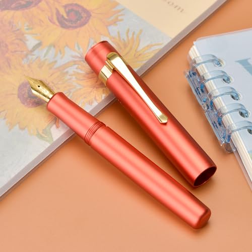 Image of Hongdian M2 Mini Fountain Pen with Extra Fine Soft Golden Nib, Sleek Shape Aluminium Short Pocket Travel Pen (Orange Red)
