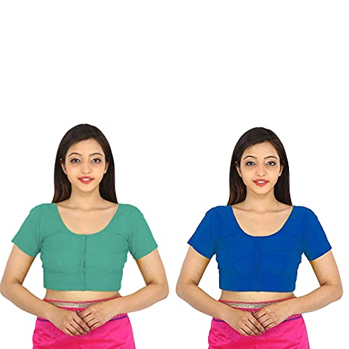 Image of Namita Women's Rubia Cotton Solid Half Sleeve Blouse (U-COT-COM-2-LIGHTGREEN-NAVYBLUE-36 Light Green, Navy Blue 36)