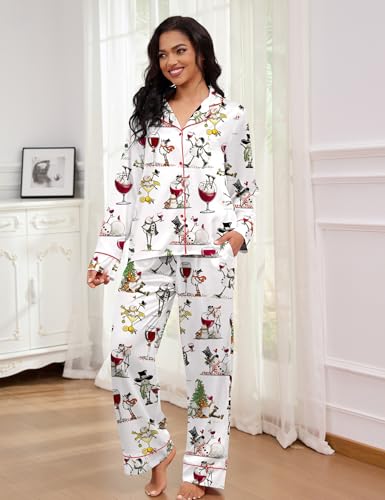 Image of SHESHOW Satin Pajamas Set for Women Set Long Sleeve Button Down Pjs Sets 2 Piece Loungewear Animal Sleepwear XS-XXL