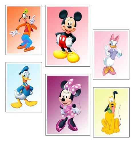 DKORARTE Set 6 cuadros base madera Decoración Salón Modernos, Dormitorios, Habitación, Infantil, Mickey, Daisy, Pluto, Goofy, Donald, Minnie con colgadores metálicos, (2x 38 x 29 cm ; 4x 29 x 20 cm)