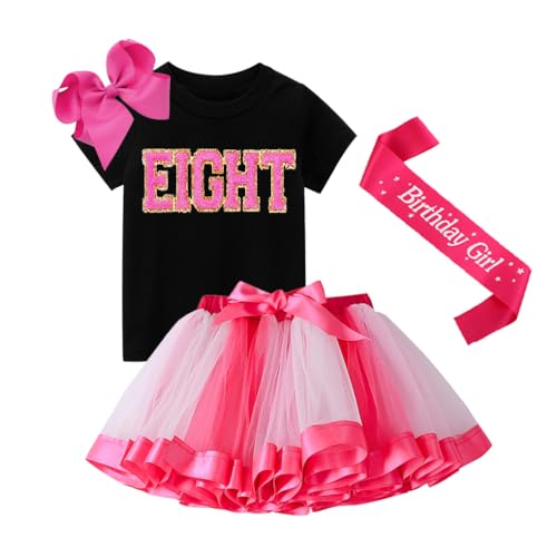 D.O.T Girls Birthday Outfits Shirt Tutu Skirts Set Hair Bow Sash Clothes Set Toddler Baby 2nd 3rd 4th 5th 6th 7th 8th (BLack On EIGHT 8Years)