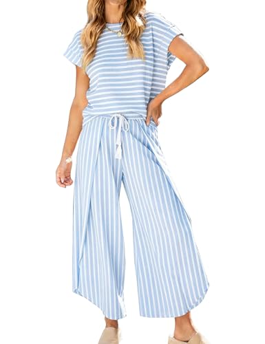 HangNiFang Womens Summer Striped 2 Piece Outfits Cap Sleeve Open