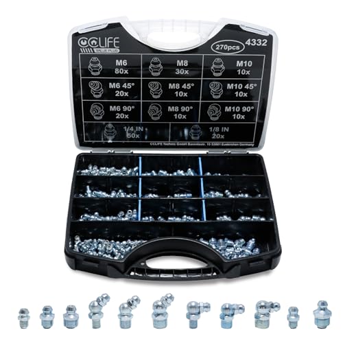 CCLIFE 270tlg Schmiernippel Verzinkt Fettnippel Kegelschmiernippel Sortiment für Fettpress | M6 M8 M10 | Gerade - 45 - 90