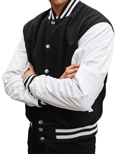 Image of Men Varsity Jacket College Baseball Letterman Wool Jacket Leather Sleeves
