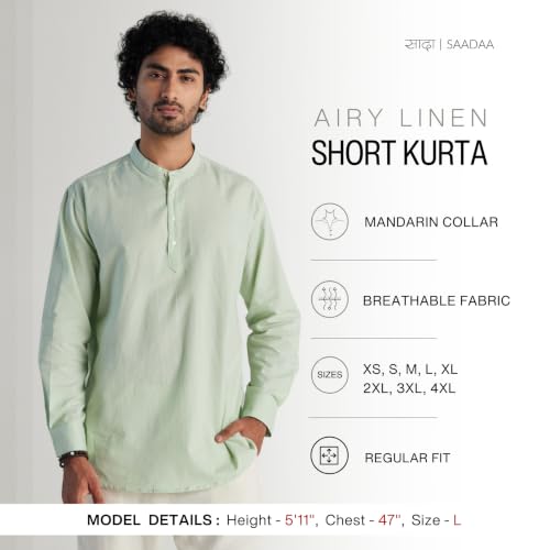 Image of SAADAA Men's Short Kurta - Linen Cotton Blend, Airy Fabric, Regular Fit, Mandarin Collar, Solid Color - Casual, Festive & Ethnic Wear
