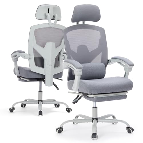 Image of Ergonomic Office Chair with Footrest, High Back Home Desk Computer Chair with Lumbar Support & Headrest, 90-135 Reclining Mesh Back with Wheels for Work, Gaming, Grey