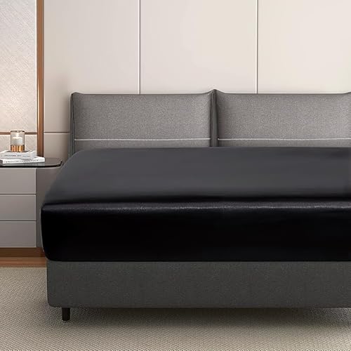 Luowei Sábana bajera de satén con somier de 180 x 200 cm, para verano, microfibra, color negro, refrescante, sábana bajera ajustable de 180 x 200 cm, suave, lavable a máquina, para colchones altos de