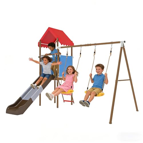 Lovgrils All in One Outdoor Playset with Adjustable Swings & Slide for Backyard, Kids Climbing Playset with Fort, Ladder & Metal Swing Set, Durable & Safe Toddler Playground Equipment for Ages 3-8