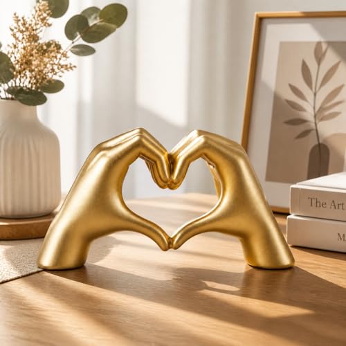 SANTA CASA Small Gold Heart Hands Resin Sculpture Modern Home Decor for Bedroom Table Shelf Office Ideal Gift for Fathers Day Birthday Wedding Housewarming