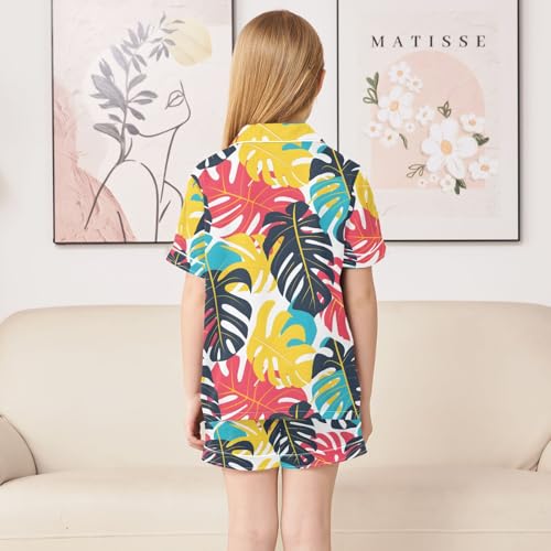 ALAZA Colorful Palm Monstera Leaves Pajamas Satin Pajama Set Short Sleeve Button Down Sleepwear4