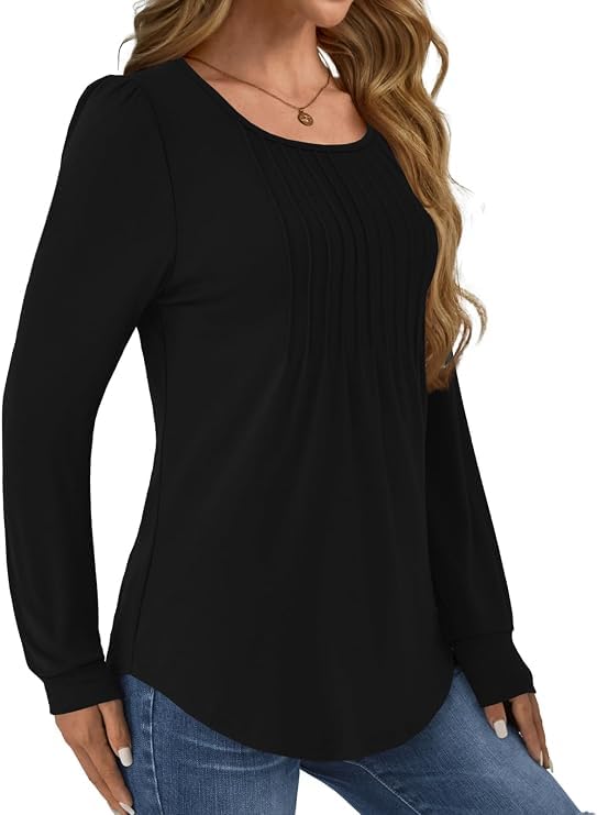 GKBK Women Long Sleeve Shirts Fall Tops Dressy Pleated Scooped Neck Tunic Tops for Leggings Black M - image 1