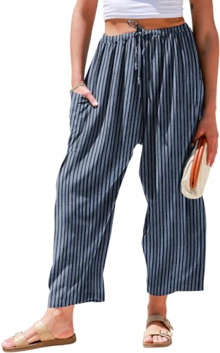 Image of TARSE Womens Wide Leg Striped Linen Pants with Pocket