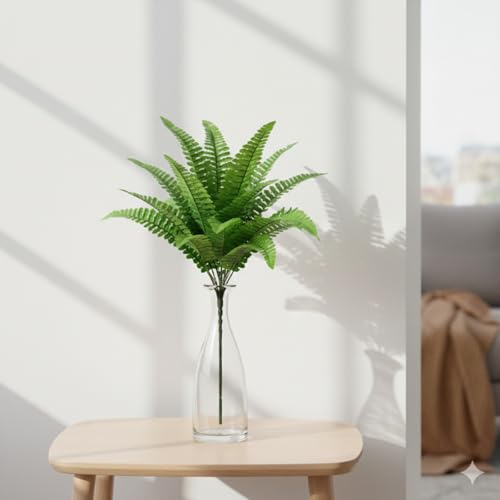 Image of PAPERI Artificial Flower Fern Bunch Leaves, Faux Green Plant, Fake Hanging Plants for Home, Balcony, Office, Bedroom, Living Room, Table, Wedding, Decoration Without Vase (Green, Pack of 1)