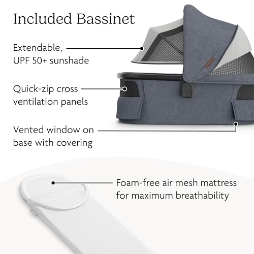 Image of UPPAbaby Vista V3 Stroller + Bassinet V3 - Convertible Single-to-Double Stroller System- Bassinet, Toddler Seat, Bug Shield, Rain Shield Included -Julian-Dusty Blue Melange | Carbon Frame