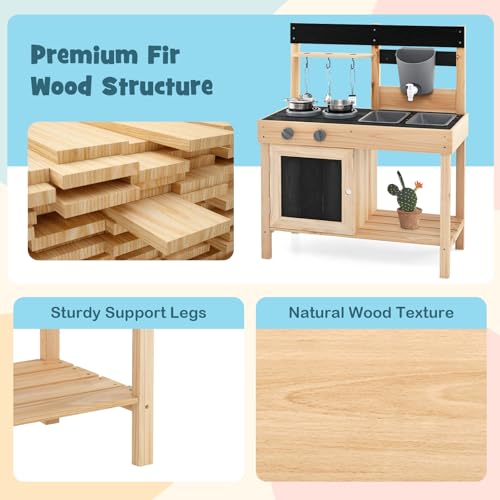 Image of HONEY JOY Fir Wood Outdoor Play Kitchen for Toddlers, Realistic Faucet & Water Tank, Stoves, Sink, Storage Shelf, Outside Kitchen Playset, Mud Kitchen for Kids Outdoor Backyard