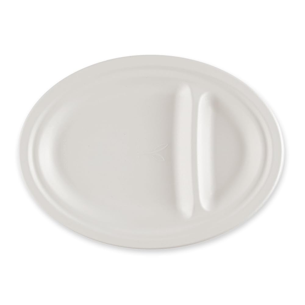 500 Stück NATUREStar Menüteller, 2-geteilt, oval | Zuckerrohr, weiß, L: 26cm, B: 19cm, H: 2cm, Karton, Zuckerrohrteller, Einmalteller, Bioteller, Partygeschirr, Einwegteller aus Zuckerrohr