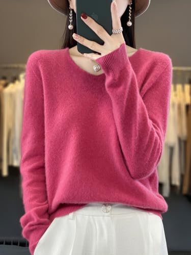 100% Merino Wool Sweaters Women's Female Fall Winter Warm Soft Knitted Loose Pullover V-Neck Long Sleeves(201)4