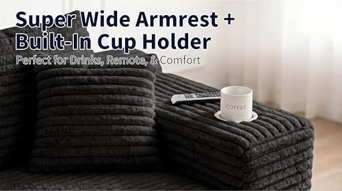 Image of Oversized Cloud Sectional Couches for Living Room, 122 inch U-Shaped 7 Seater Sofa Modular Boneless Couch with Chaise | Deep Seater | Cup Holder | Side Pocket | No-Assembly | Plus Corduroy, Black