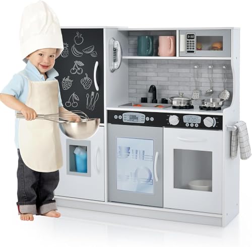 RELAX4LIFE Cocina Juguete con Pizarra, Sonidos Reales, Teléfono, Estufas, Lavavajillas, Máquina de Hielo y Horno, Cocinita Infantil con Accesorios Completos para Niños 3 6 Años (Blanco)