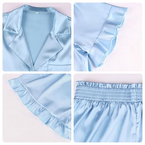 Image of KFUBUO Silky Satin Pajamas for Women Set Short Sleeve Button Down 2 Piece Pjs Shorts Sets Soft Sleepwear Loungewear