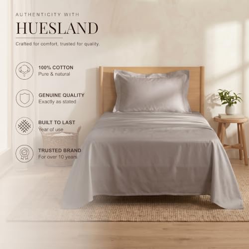 Image of Huesland Premium Pure Cotton Sateen Weave 300 Thread Count Bedsheet for Single Bed with 2 Pillow Covers | Perfect Greige | 88 x 55 inches