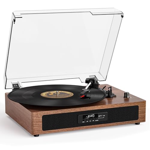 Image of Vintage Vinyl Record Player with Bluetooth & Built-in Speakers, 3-Speed Belt-Drive Turntable with USB Recording, RCA Out & AUX-in, Walnut