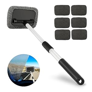 Krazove Windshield Cleaner, Car Window Cleaner Auto Window Cleaning Tool with Extendable Handle, 6 Reusable Microfiber Pads for Car Interior Exterior Glass Wiper Car Glass Cleaner Kit