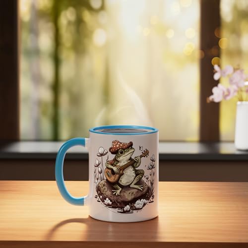 Taza de cerámica vintage con rana y hongo azul/blanco miniatura 3