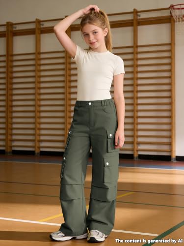 Image of SANGTREE Girls Wide Leg Cargo Pants Multi Pocket,6-14 Years | Cotton High Waist Baggy Trousers with Pockets Teen Y2K Streetwear School Pants| Back-to-school,Outdoor Play