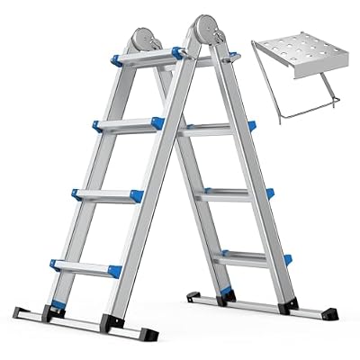13.5FT Aluminum Foldabl Extension Ladder - Heavy-Duty A-Frame Adjustable Design for Home & Work, 330lbs Capacity, Retractable System with Safety Lock