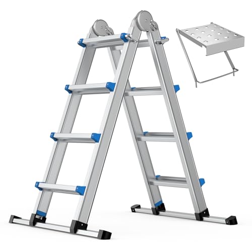 13.5FT Aluminum Foldabl Extension Ladder - Heavy-Duty A-Frame Adjustable Design for Home & Work, 330lbs Capacity, Retractable System with Safety Lock