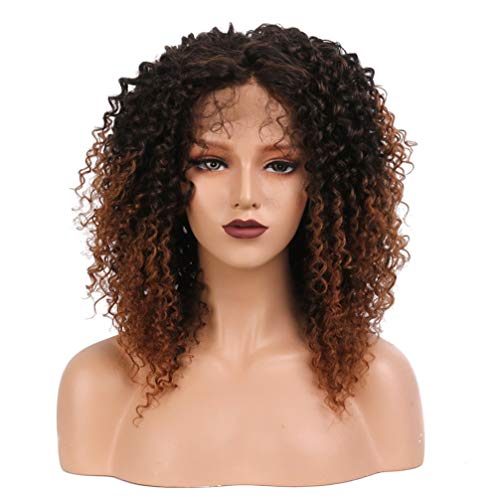 Perruque synthétique ondulée afro-américaine avec dentelle frontale brune 14 pouces