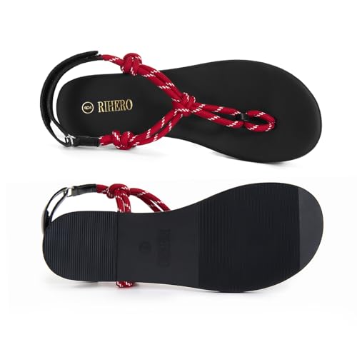 Rihero Rope Thong Sandals for Women Ankle Strap Slip On Comfortable Beach Flat Sandals4