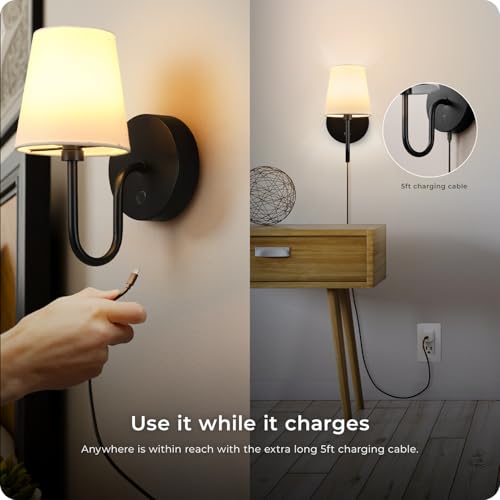 Image of Globe Electric 65000132 Rechargeable Battery Wall Sconce, Integrated LED, Matte Black Finish, White Fabric Shade, 3-Step Touch Dimming, Timer, USB-C Charging, Wireless Modern Lighting