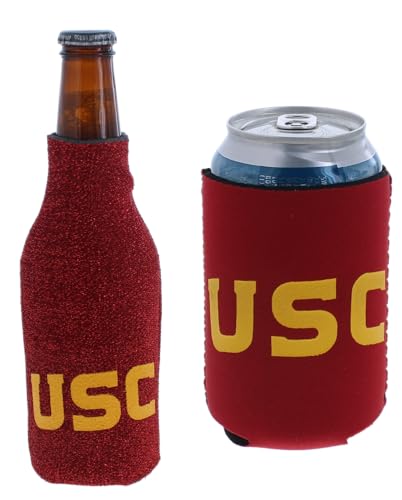 College Team Color Logo Can & Bottle Holder Insulator Beverage Cooler Set (USC Red Glitter (Trojans))