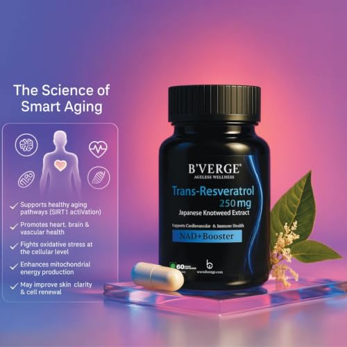 Image of B'VERGE Pure Trans-Resveratrol Supplement | 99.5% Pure NAD+ Booster | Supports Metabolism, Heart Health & Inflammation Relief - 250mg, 60 Capsules