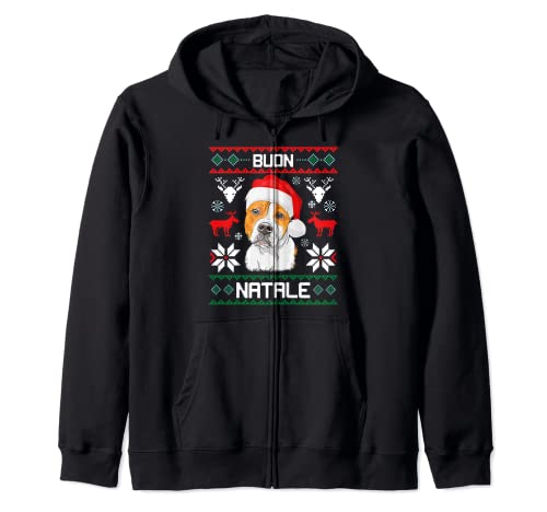 American Staffordshire Terrier con Cappello di Babbo Natale vi augura un Buon Natale. Divertente regalo di Natale per papà, mamma, figlio, figlia, fratello, sorella, zia, zio, zio, nonna, nonno, chiunque in famiglia o un amico.