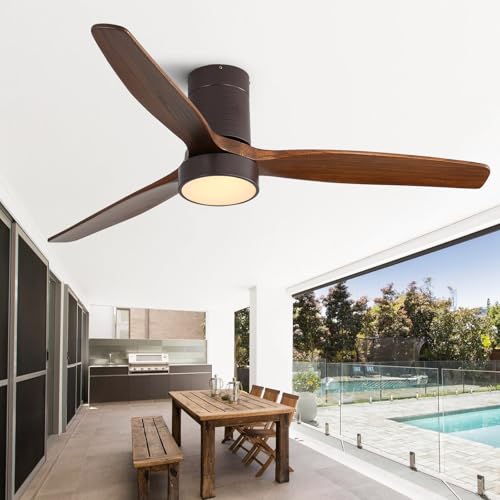 Sofucor 52 Inch Ceiling Fans with Lights, Indoor/Outdoor Ceiling Fan with Light and Remote, Quiet DC Reversible, Dimmable, Flush Mount, 3 Blade Solid Wood Ceiling Fans or Patio Bedroom Farmhouse