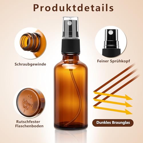 50ml Sprühflasche Braun Glas 6er Set Nachfüllbar mit Pipetten Trichter Etiketten Feinsprühflasche für ätherisches Öl Parfüm Kosmetik Aromatherapie Reise