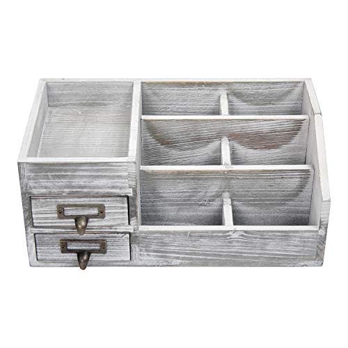 Distressed Rustic Wooden Office Desktop Organizer Wood Shelf Tabletop Home Organizer Storage with Multiple Compartments 2 Tier Drawers,perfect Jewelry storage Display Box for Desk, Vanity (gray) - Image 4