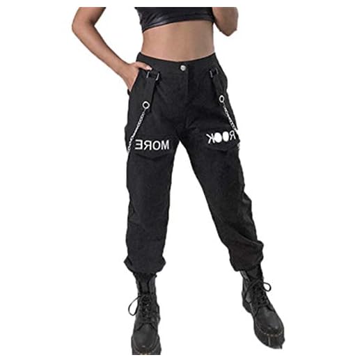 Cargo Pants With Chain Gothic Festival High Pants Midja Mode Cargo Pants Multi Pocket Punk Pants Byxor Dam Armé Hip Hop Jogger Street Pants (Color : Black, Size : XL)