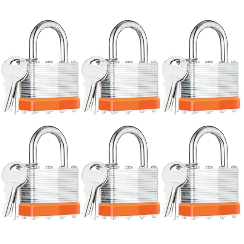 CALIDSUP 6Pcs Padlocks with Same Keys,Laminated Steel Orange Silver(1-9/16",40mm),Normal Shackle