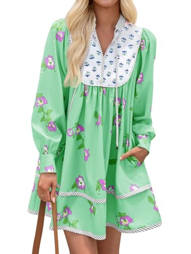 Image of Wenrine Womens Casual Floral Mini Dress Fall Long Sleeve V Neck Patchwork Loose Boho Shirt Dresses